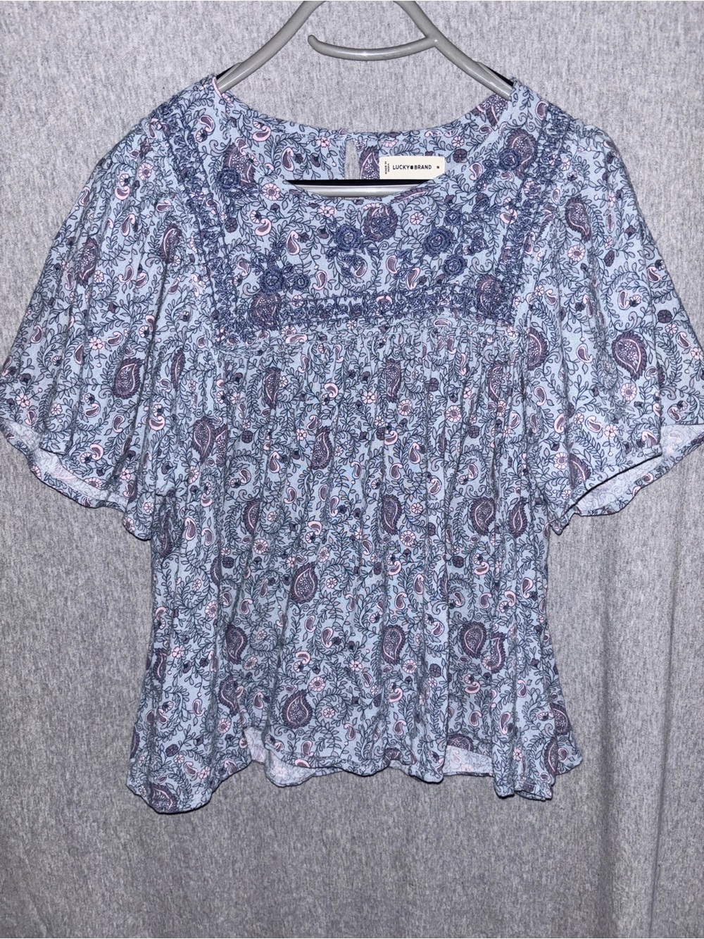 Lucky Brand Light Blue Paisley Smocked Yoke Flutter Sleeve Blouse